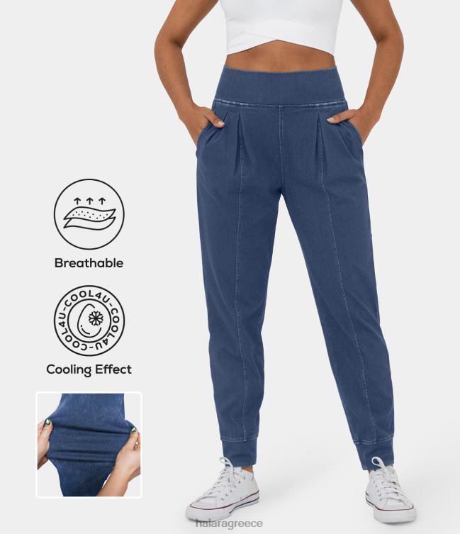 μαγική ψηλόμεση τσέπη στο πλάι με λεπτή δροσερή αφή που αναπνέει, πλυμένο ελαστικό πλεκτό casual τζιν γυναίκες Halara 4TH8248 είδη ένδυσης πλυμένο τζιν indigo blue