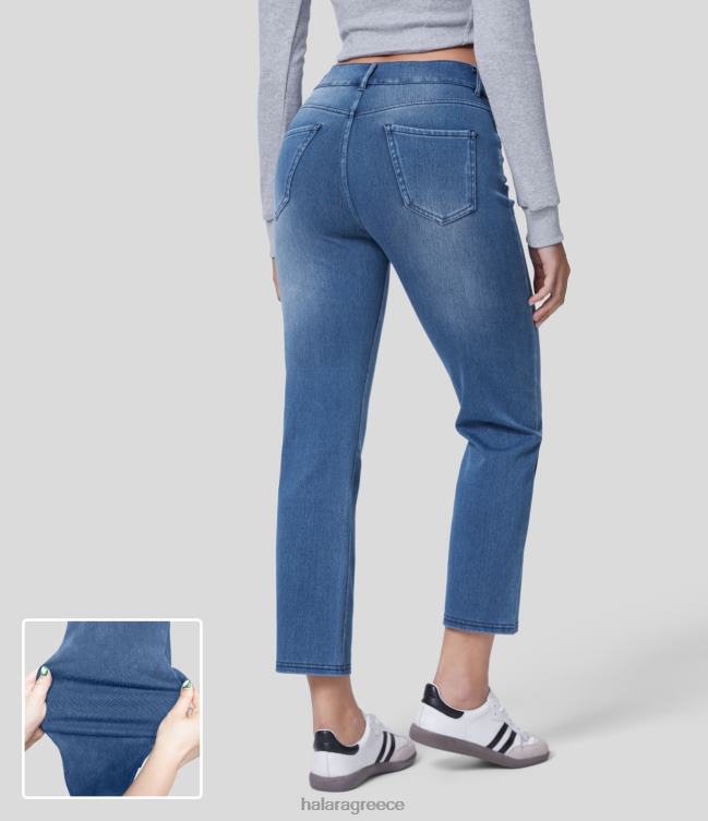 μαγικό μεσαίο τζιν εργασίας με πολλαπλές τσέπες ίσιο πόδι πλυμένο ελαστικό πλεκτό τζιν εργασίας γυναίκες Halara 4TH82412 είδη ένδυσης πλυμένο τζιν γαλάζιο της λίμνης