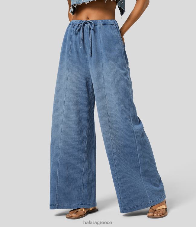μαγικό μεσαίο κορδόνι περίσφιξης με πολλές τσέπες, πλυμένο ελαστικό πλεκτό casual φαρδύ τζιν γυναίκες Halara 4TH821326 είδη ένδυσης τζιν με μπλε θάμνο