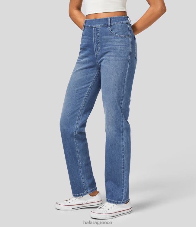 μαγικό ψηλόμεσο με πολλές τσέπες ίσιο πόδι πλυμένο ελαστικό πλεκτό casual τζιν γυναίκες Halara 4TH821327 είδη ένδυσης τζιν από μπλε έλατο