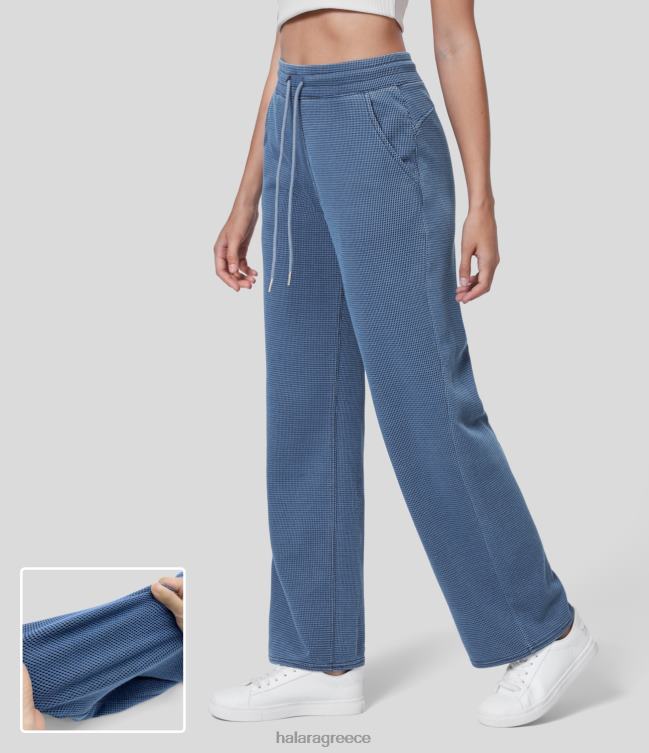 μαγικό ψηλόμεσο κορδόνι περίσφιξης πλαϊνή τσέπη ίσιο πόδι βάφλα ελαστικό πλεκτό casual τζιν γυναίκες Halara 4TH821351 είδη ένδυσης γαλάζια βάφλα