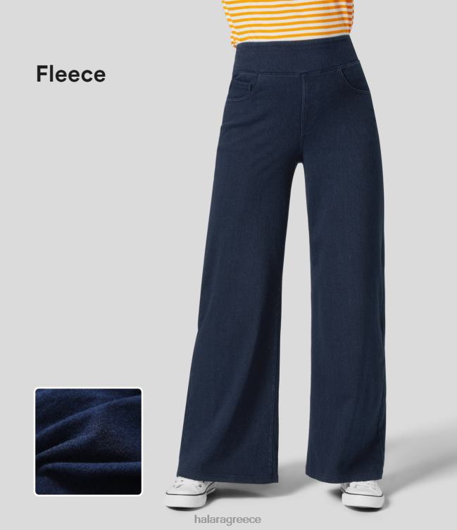 μαγικό τζιν με ψηλόμεσο με πολλαπλές τσέπες με φαρδύ πόδι ελαστικό πλεκτό casual φλις τζιν γυναίκες Halara 4TH821353 είδη ένδυσης μπλε τζιν