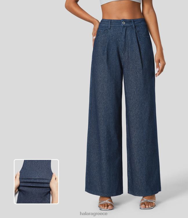 μαγικό ψηλόμεσο με πολλές τσέπες ασημί λάμψη ελαστικό πλεκτό casual φαρδύ τζιν γυναίκες Halara 4TH821378 είδη ένδυσης σκούρο μπλε ασημί τζιν