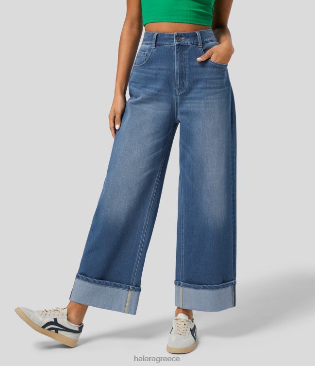 μαγικό ψηλόμεσο πολλαπλές τσέπες ρολό στρίφωμα φαρδύ πόδι πλυμένο ελαστικό πλεκτό casual τζιν γυναίκες Halara 4TH821411 είδη ένδυσης τζιν από μπλε έλατο