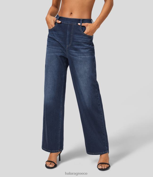 μαγικό ψηλόμεσο πολλαπλές τσέπες πλυμένο ελαστικό πλεκτό casual boyfriend τζιν γυναίκες Halara 4TH821324 είδη ένδυσης βαφή μπλε τζιν