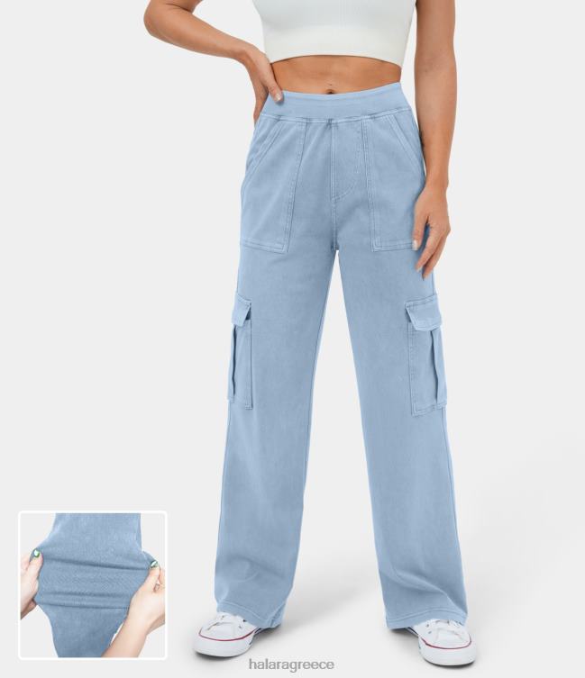 μαγικό μεσαίο τζιν με πολλαπλές τσέπες, ελαστικό πλεκτό casual cargo τζιν γυναίκες Halara 4TH82105 είδη ένδυσης πλυμένο τζιν γαλάζιο
