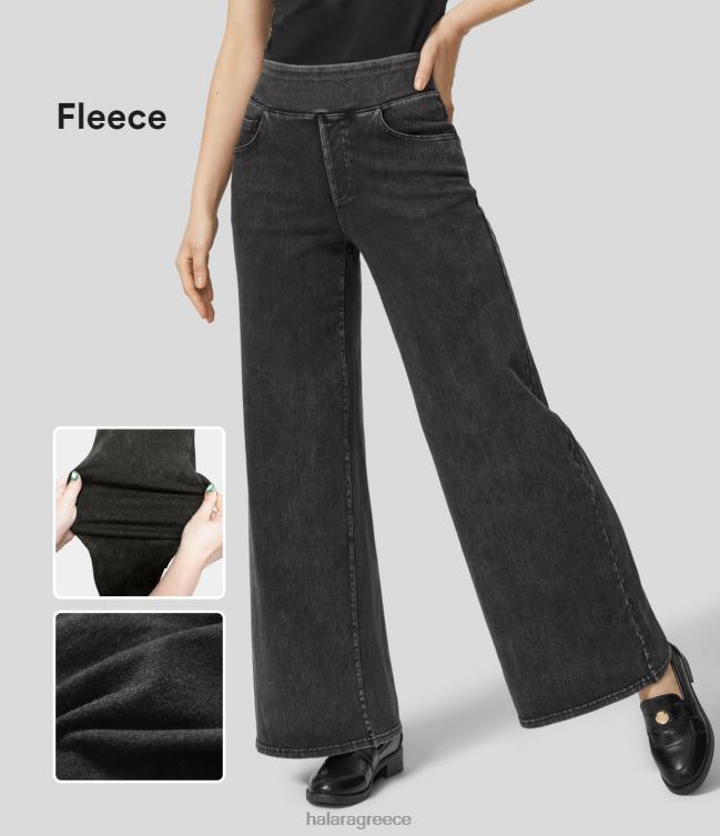 μαγικό τζιν με ψηλόμεσο ίσιο με πολλές τσέπες, ελαστικό πλεκτό casual fleece γυναίκες Halara 4TH821398 είδη ένδυσης πλυμένο τζιν μαύρο