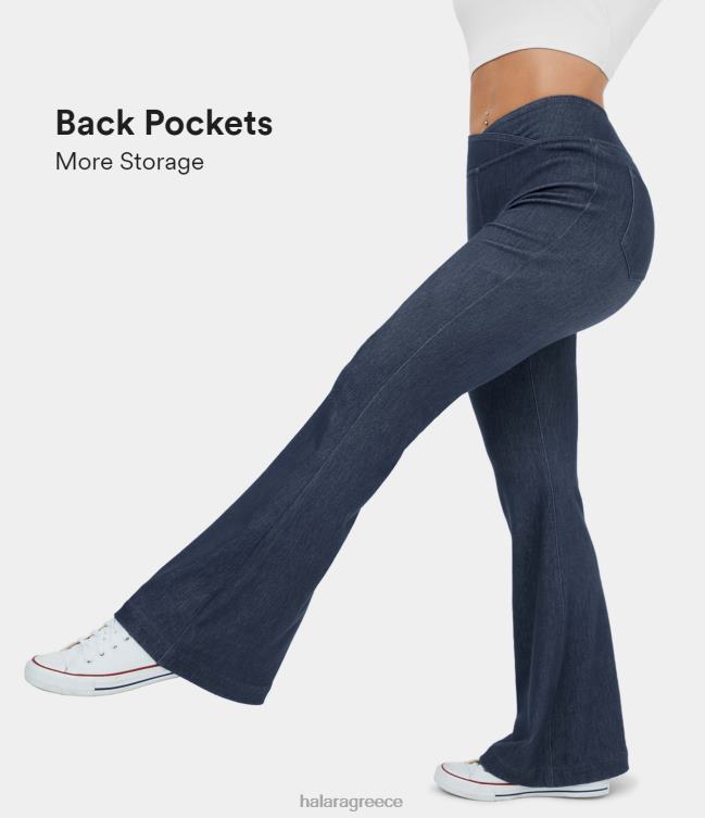 μαγικό ψηλόμεσο crossover πίσω τσέπη ελαστικό πλεκτό casual flare τζιν γυναίκες Halara 4TH821335 είδη ένδυσης πλυμένο τζιν σκούρο μπλε