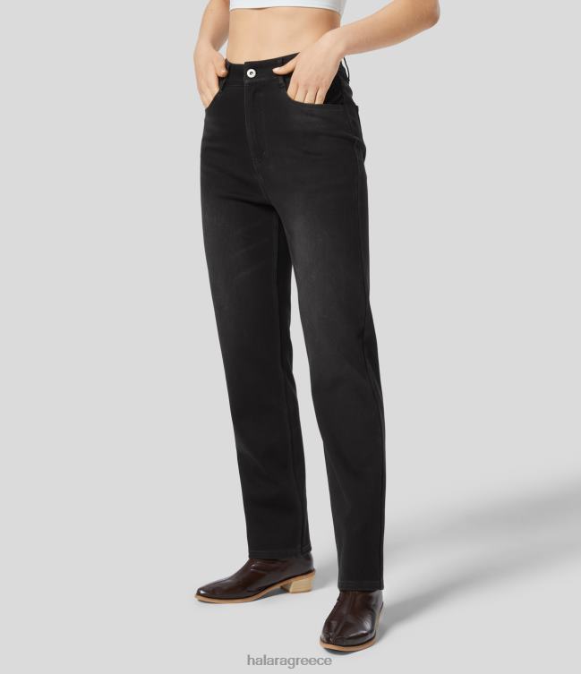 μαγικό ψηλόμεσο κουμπί με φερμουάρ πολλαπλές τσέπες ίσιο πόδι καρό fleece ελαστικό πλεκτό casual τζιν γυναίκες Halara 4TH821400 είδη ένδυσης τζιν μαύρο