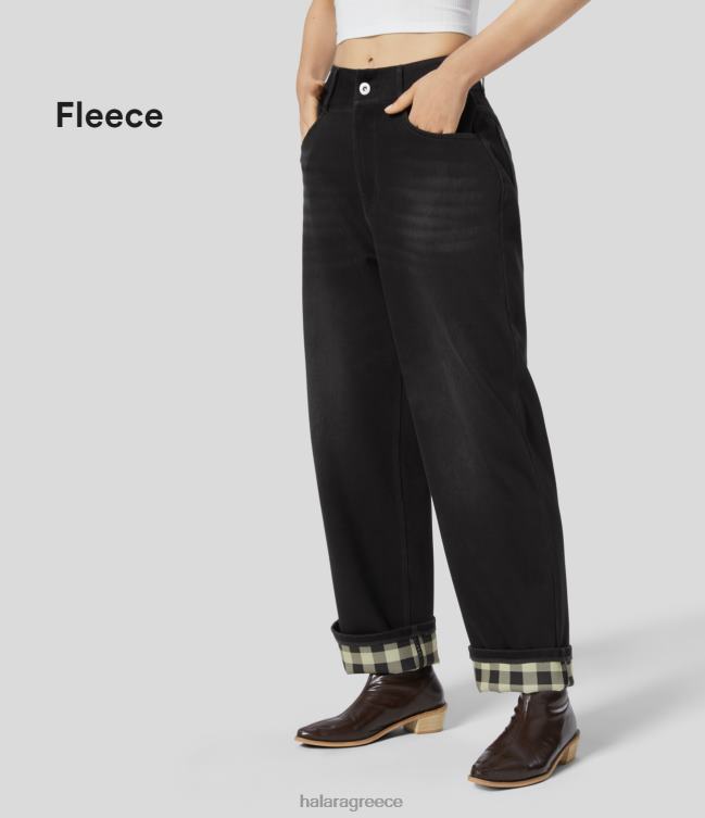 μαγικό ψηλόμεσο κουμπί με φερμουάρ πολλαπλές τσέπες ίσιο πόδι καρό fleece ελαστικό πλεκτό casual boyfriend τζιν γυναίκες Halara 4TH821313 είδη ένδυσης πλυμένο τζιν μαύρο