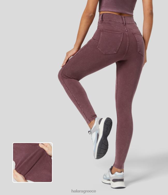 μαγικό ψηλόμεσο με πολλαπλές τσέπες skinny washed πολύχρωμο ελαστικό πλεκτό casual τζιν γυναίκες Halara 4TH821347 είδη ένδυσης σκούρο κόκκινο τζιν